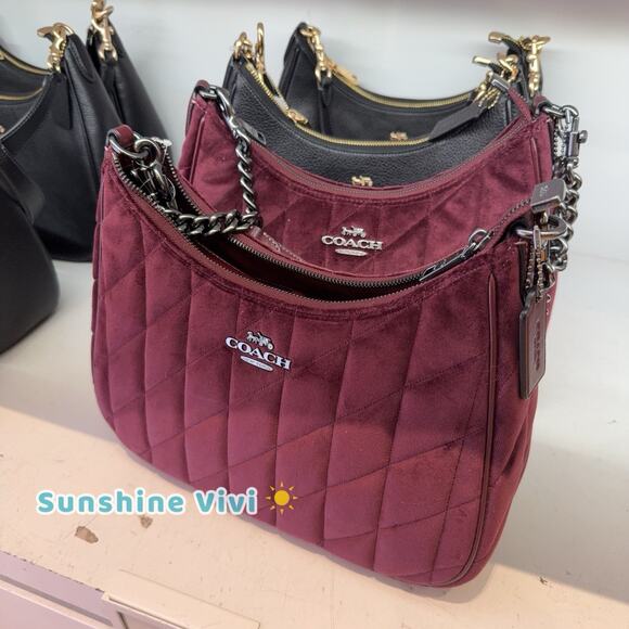 NWT COACH Teri Hobo Bag In Organic Cotton With Quilting CCW69 Gunmetal/Burgundy - Picture 5 of 5